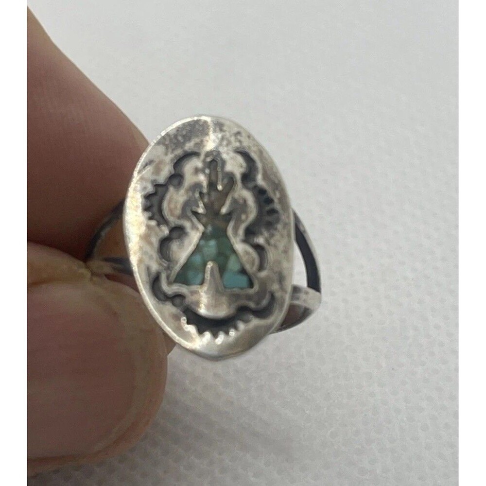 Vintage Navajo Crushed Coral Turquoise Inlay Silver Tone Ring sz 5.5? 16 MM